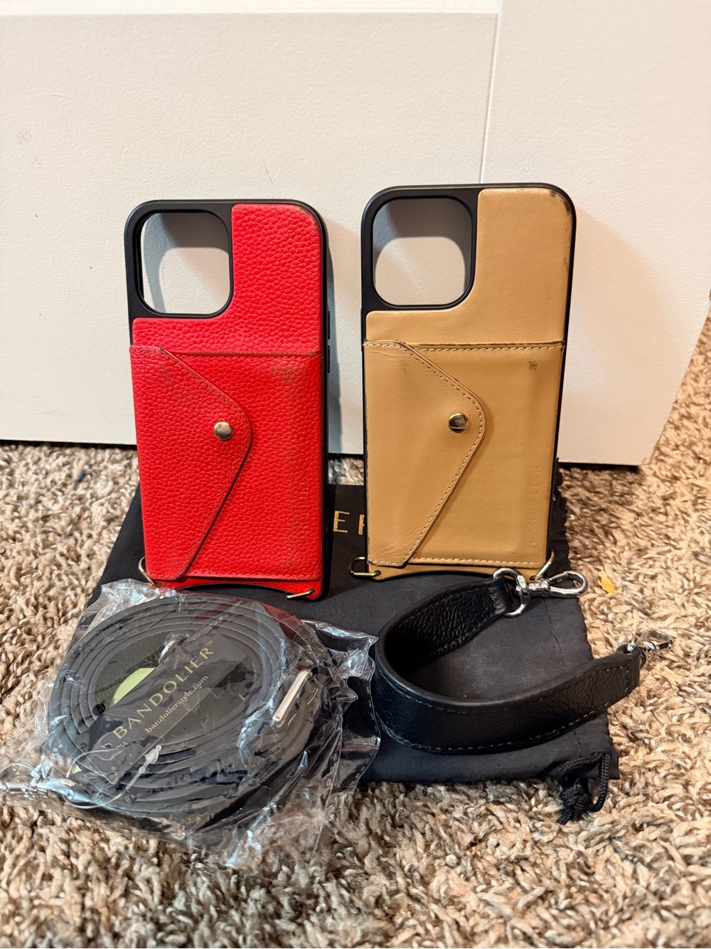 Bandolier Dual Leather Card Pocket Phone Cases in Red and Tan with Strap